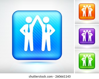 Businessmen Holding Hands on Blue Square Button