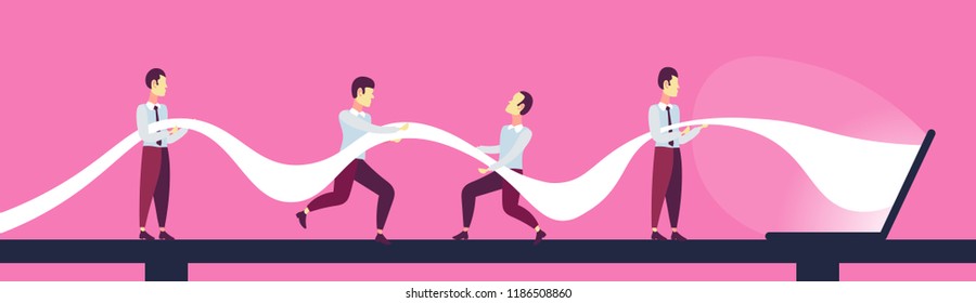 businessmen holding huge bill payment check tape coming out laptop screen pay online shopping concept business people teamwork horizontal banner flat vector illustration