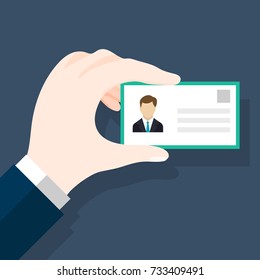 Businessmen holding ID or identification card in flat style. Man's hand holding or showing ID badge or driving license. Presenting business cards. Vector Illustration

