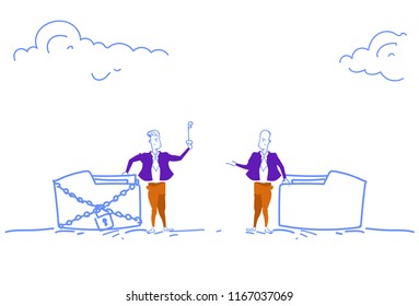Businessmen holding key database chain padlock folder access corporate data protection concept horizontal sketch doodle vector illustration