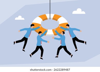 businessmen holding a large lifebuoy, symbolizing teamwork, assistance, and support in business context
