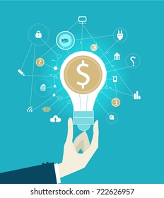 Businessmen holding the light bulb with dollar coin inside and surrounded of many icons. Investment, pay, earnings and growth concept illustration
