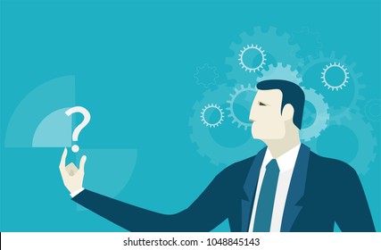 Businessmen holding and looking at question mark. Innovation and making decision concept illustration 