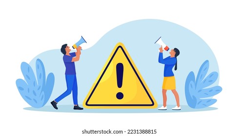 Businessmen holding megaphone with important announcement. Attention or warning information. People shouting breaking news or urgent message, standing near exclamation sign. Marketing and advertising