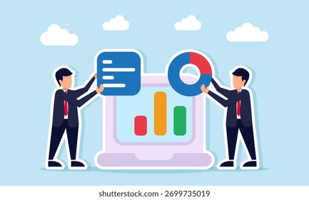 Empresários segurando o quadro de notas e o gráfico circular perto do laptop exibindo a ilustração gráfica da análise e organização dos dados de negócios