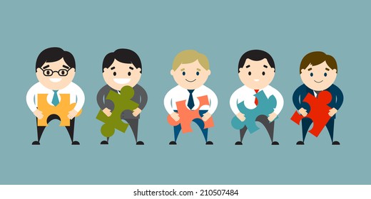 Businessmen holding puzzles. The concept of connection. Vector illustration. Flat design