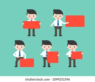 Businessmen holding red blank sign in various pose, flat design