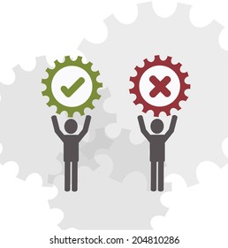 Businessmen holding Right and Wrong