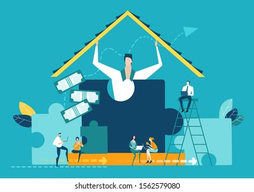 Businessmen holding the roof above the team which working in progress. Working together, earning, planning and developing, Start up business.