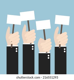 Businessmen holding a signboard with the blank paper. A lot of hands hold placards. flat design, illustion