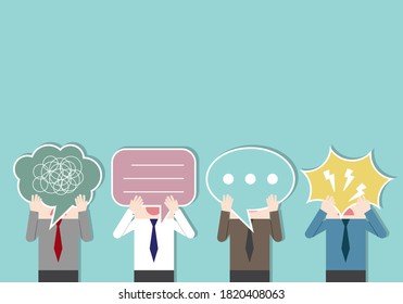 Businessmen Holding A Speech Bubble Paper Sign. Bad Communication. Problem Resolve Control. Don’t Understand. Communicate Not Clear. Business Concept Vector Illustration.