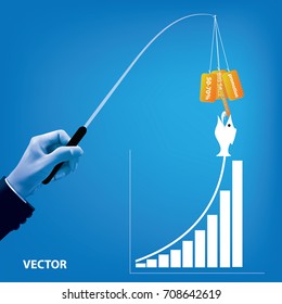 Businessmen holding a stick in their hand for fishing. The promotional sign is a bait. It is a marketing strategy to increase sales.vector illustration