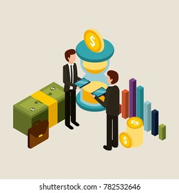 businessmen holding tablet device transaction money graph financial