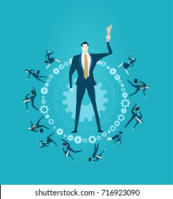 Businessmen holding the trophy and lot of young professional people running on the circle made of gears, representing the busy and competitive business life and achievement. Concept illustration 