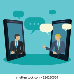 Businessmen holding a video conference via mobile phones, video chat vector concept