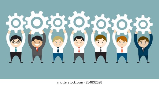 Businessmen holding up white gears. Connection, communication concept. Vector Illustration. Flat design. 10 eps