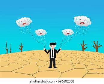 Businessmen holds ropes tied to crying clouds and pulls them to make the ground fertile, production of rain