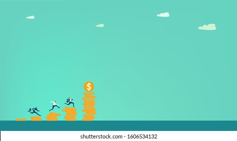 Businessmen hopping from a small stack of coins to a bigger one as a symbol of success in business and salary growth