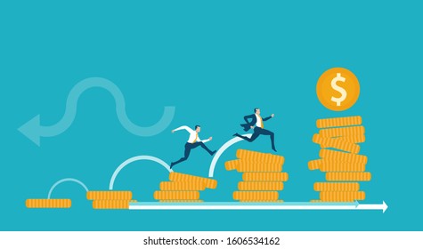 Businessmen hopping from a small stack of coins to a bigger one as a symbol of success in business and salary growth