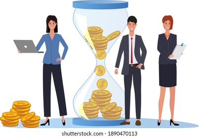 Businessmen and hourglasses.Time management and financial control.The concept of time is money.Teamwork and monetary investment.Flat vector illustration.