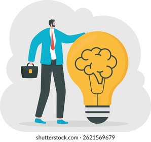 Businessmen hug a big lightbulb, brain. Big good idea