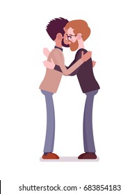 Businessmen hug gesture. Intimate symbol of mutual trust, feeling of sympathy, sorry nonverbal communication. Formal manners concept. Vector flat style cartoon illustration, isolated, white background