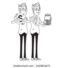 businessmen hugging a big coins and holding a glass jar with coins inside black and white vector illustration graphic design