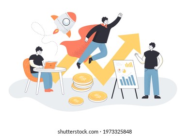 Businessmen With Ideas Creating Startup. Company Leader Flying Like Superhero, Rocket Flat Vector Illustration. Entrepreneurship, Innovation Concept For Banner, Website Design Or Landing Web Page