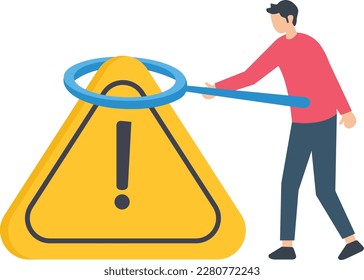 Businessmen identify root cause of error, Incident management, root cause, solving problem, identify risk or critical failure illustrations, man with magnifier doing investigation incident with exclam
