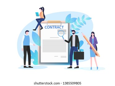 Businessmen Inspect Document with Magnifying Glass Woman Pen Sign Contract Vector Illustration. Business Deal Agreement Employment Contract Professional Lawyer Work Insurance Investment Paper