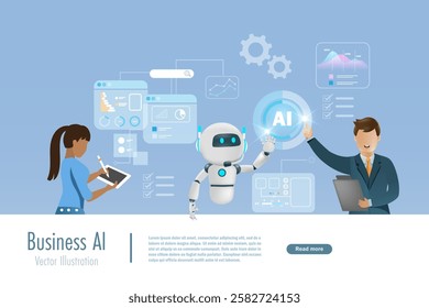 Businessmen interact with AI artificial intelligence robot for business and financial data analyzing. AI innovation technology as smart assistant in business data analysis to develop smart solution.