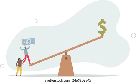 los hombres de negocios inversionistas piden prestado dinero en moneda de otros para utilizar para aprovechar el sube y baja para ganar dinero grande sign.flat Ilustración vectorial.
