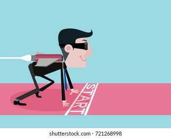 Businessmen with jetpack rush to start point to fast success. vector business concept
