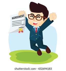 Businessmen jump holding with agreement
