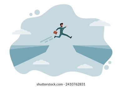 Businessmen jump over a cliff. Stepping through dangerous obstacles. Overcoming difficulties. Business Concept. Vector illustration flat design style