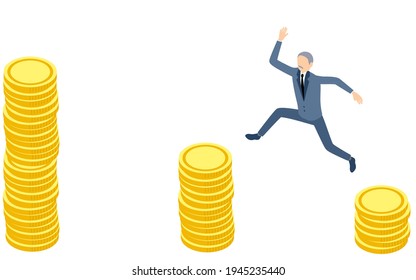 Businessmen jumping from gold coins to gold coins, images of business scenes, isometric