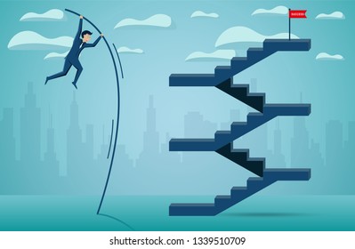 Businessmen are jumping using Wood to help go to the red flag target on the stairs. to overcome obstacle for the ultimate goal. business finance success. illustration cartoon vector