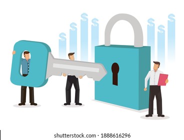 Empresarios con llave y cerradura. Concepto de búsqueda de soluciones. Ilustración vectorial de carácter plano.
