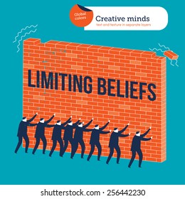 Businessmen knocking down a wall with limiting beliefs. Vector illustration Eps10 file. Global colors. Text and Texture in separate layers.