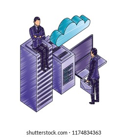 businessmen with laptop computer and data server