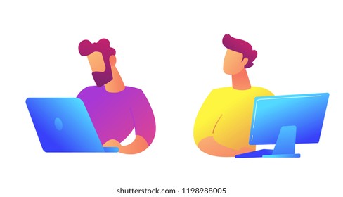 Businessmen with laptops coworking vector illustration.