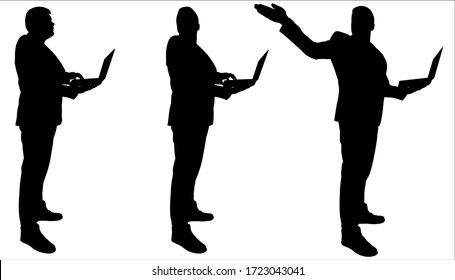 Businessmen with laptops. Men in business suits stand still and hold open laptops in their hands. Work at the computer. Office workers are standing behind each other. Hand shows the direction back.
