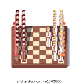Businessmen or lawyers standing on giant chessboard as chess figures. Business metaphor of strategic negotiation or corporate lawsuit. Modern flat style thin line vector illustration isolated on white
