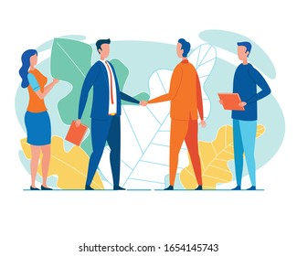 Businessmen, Leaders of Two Corporate Teams, Shaking Hands, Satisfied With Effective Cooperation, Closing Their Meeting, When Bargain is Settled, and Everyone Can Take a Respite, Having Got Their Wish