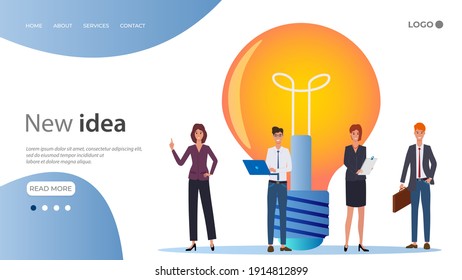 Geschäftsleute und eine Glühbirne.Das Konzept der Teamarbeit, neue Ideen zu finden und ein neues Business zu schaffen.Flache Vektorgrafik.Die Landing-Page-Vorlage.
