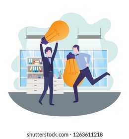 Businessmen with light bulbs in room