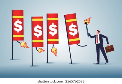 businessmen lighting firecrackers that fire dollar signs