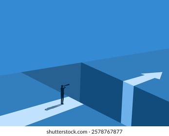 Businessmen look far into the future on arrows pointing through gaps
