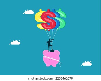 Businessmen look for investments with high returns. Piggy bank floating with money balloons