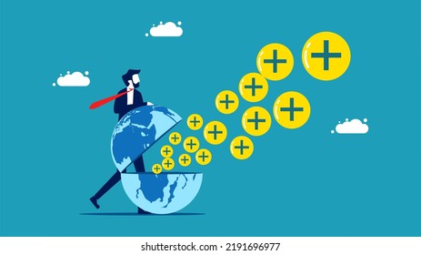 Geschäftsleute sehen die Welt mit Optimismus an. Plus-Symbole, die von der Welt schweben